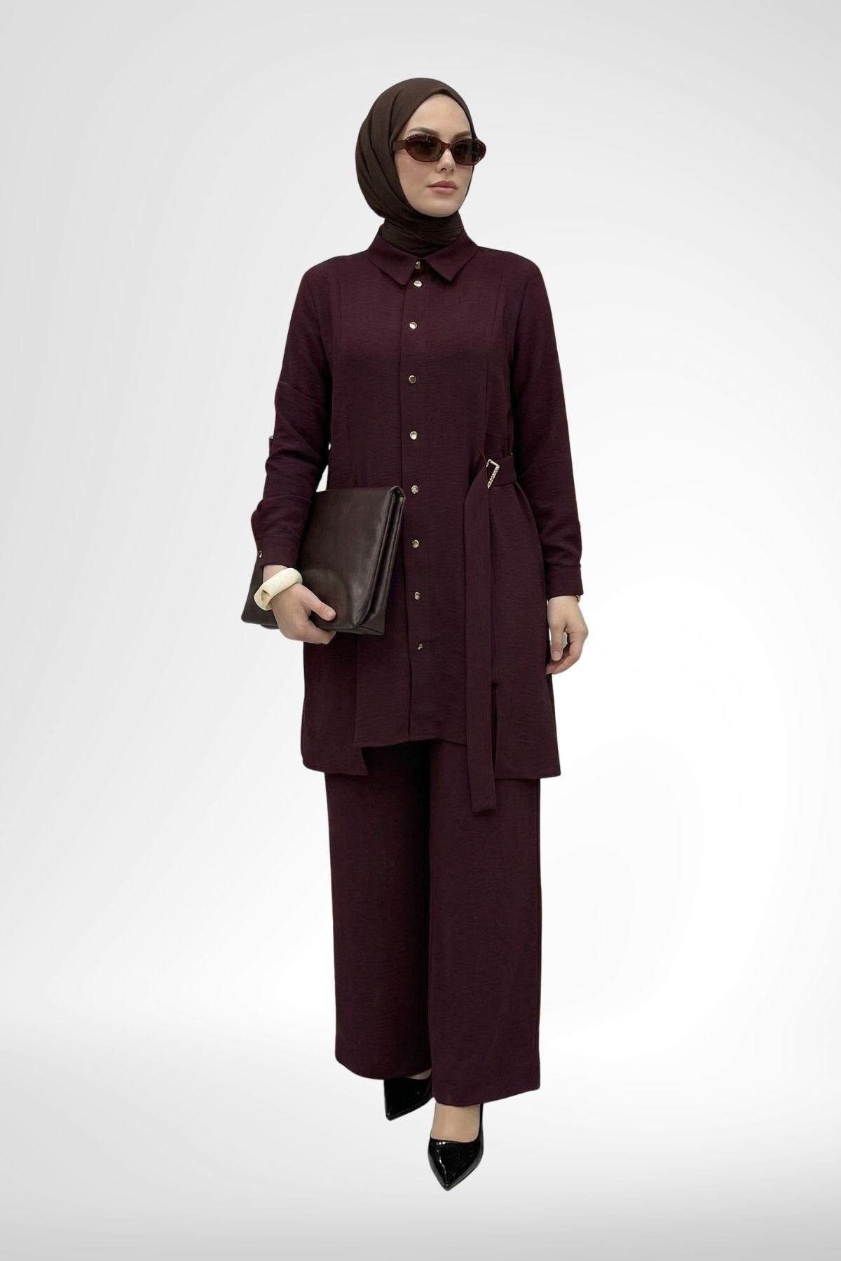 Armine Trend Kemer Detay Bol Paça Pantolonlu Takım Mürdüm 26YT609