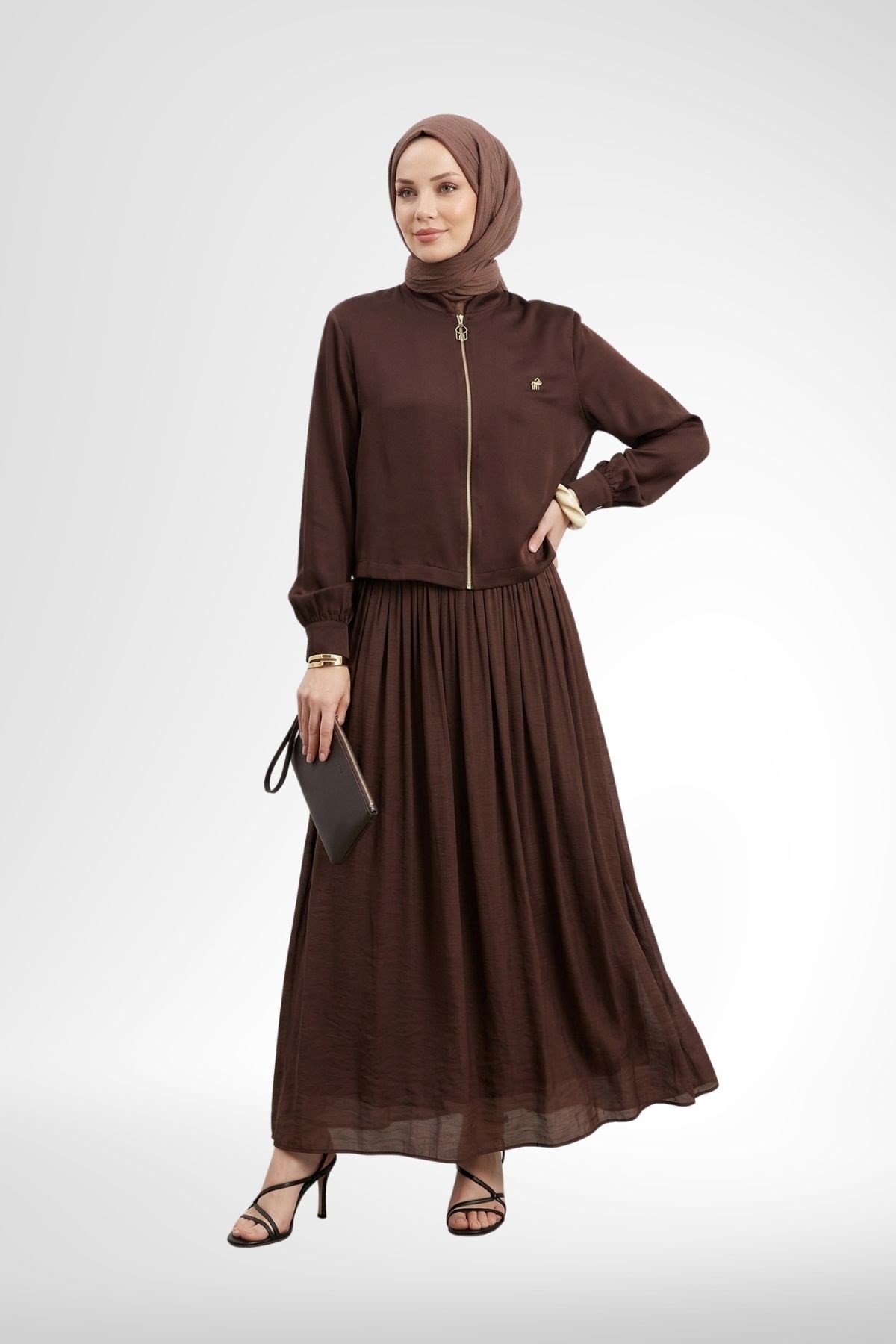 Armine Trend Broş Detay Şifon Etekli Takım Kahverengi 26YT649 