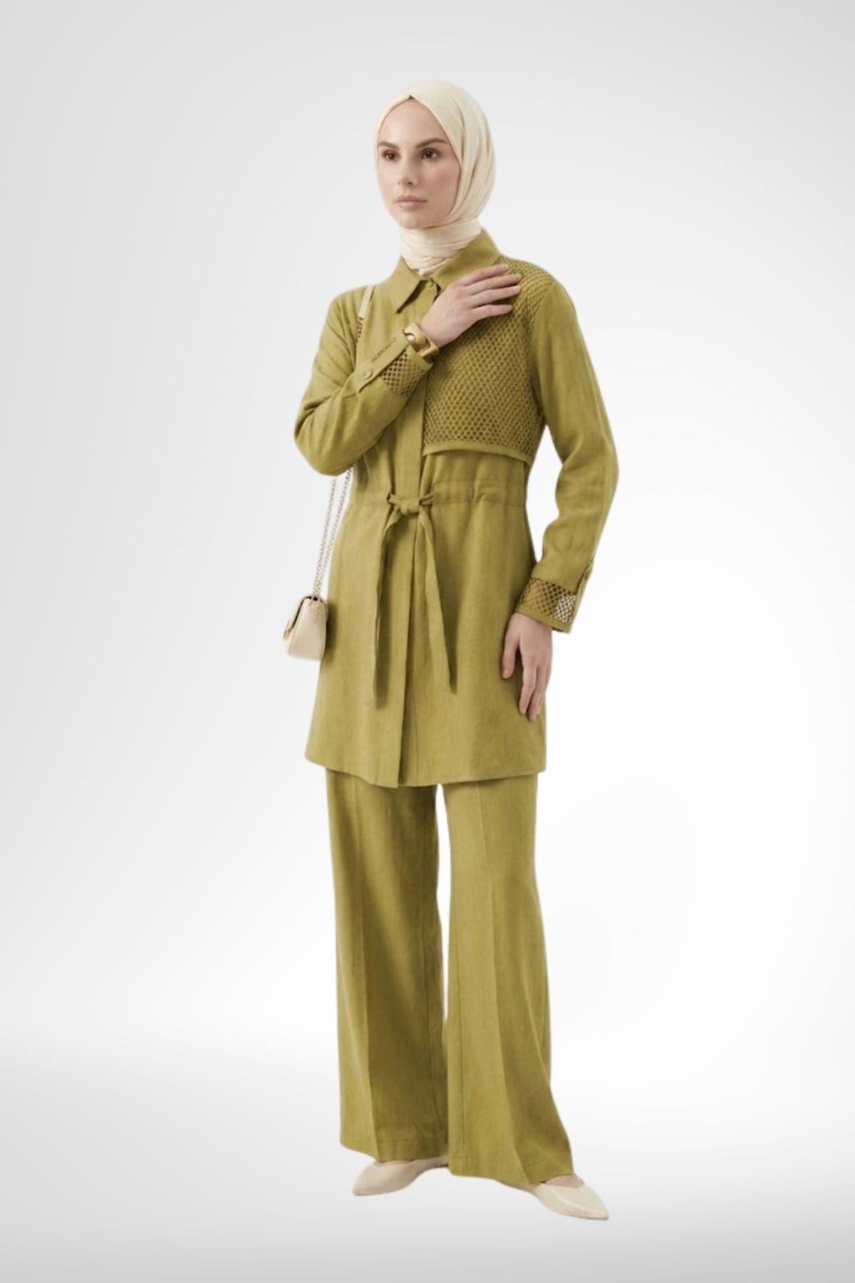 Armine Basic File Detaylı Pantolonlu Takım Yağ Yeşili 26YT6133