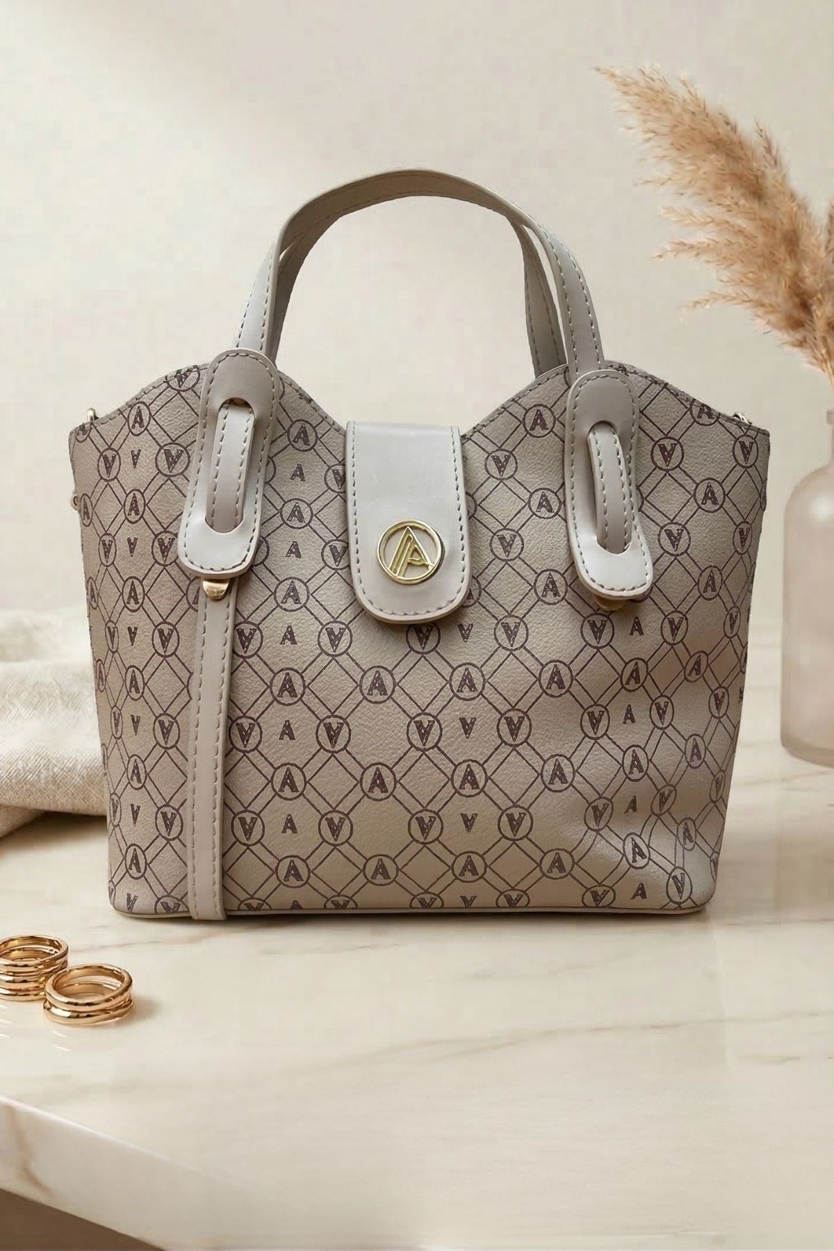 Armine Trend Logolu El Çantası Bej Baskılı ARM151