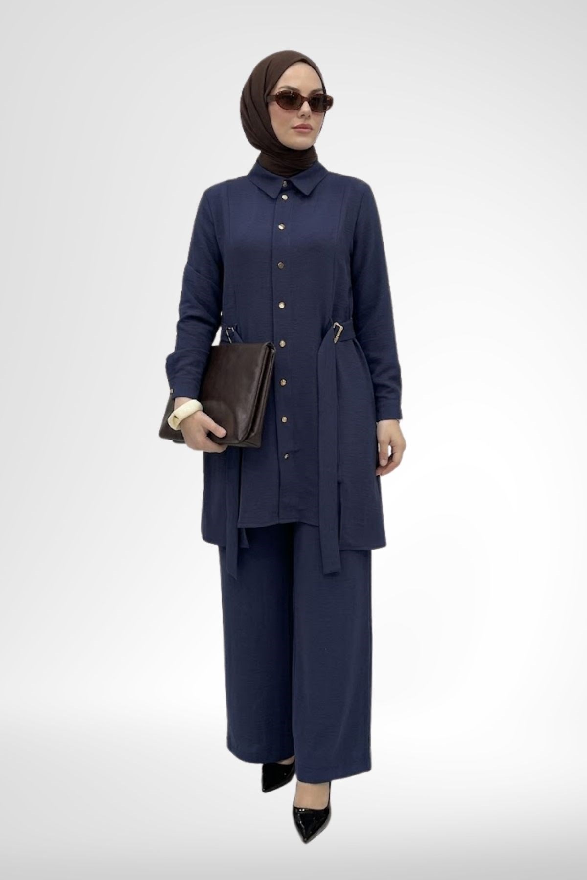 Armine Trend Kemer Detay Bol Paça Pantolonlu Takım Kahverengi 26YT609