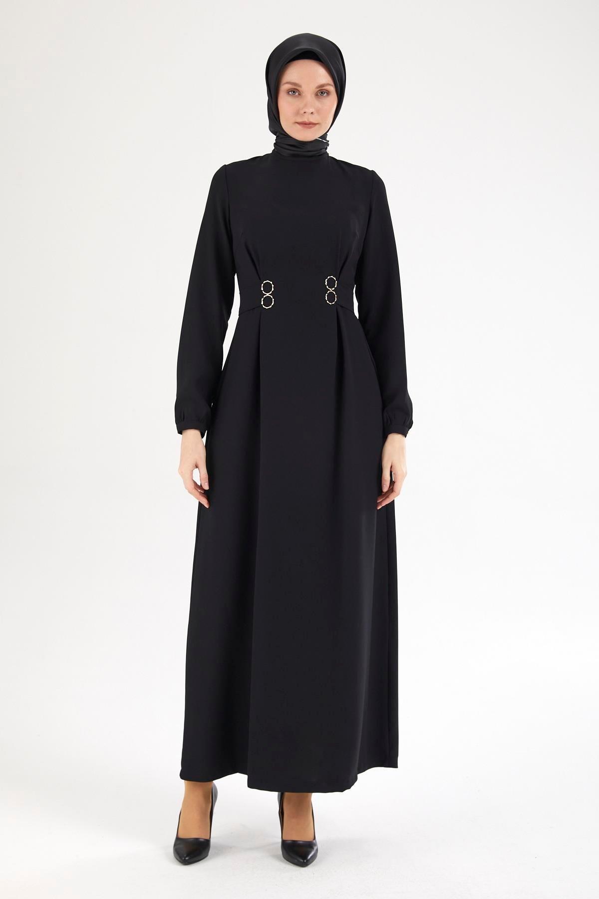 ARMİNE TREND Belden Halka Desenli Elbise-Siyah 25YT926