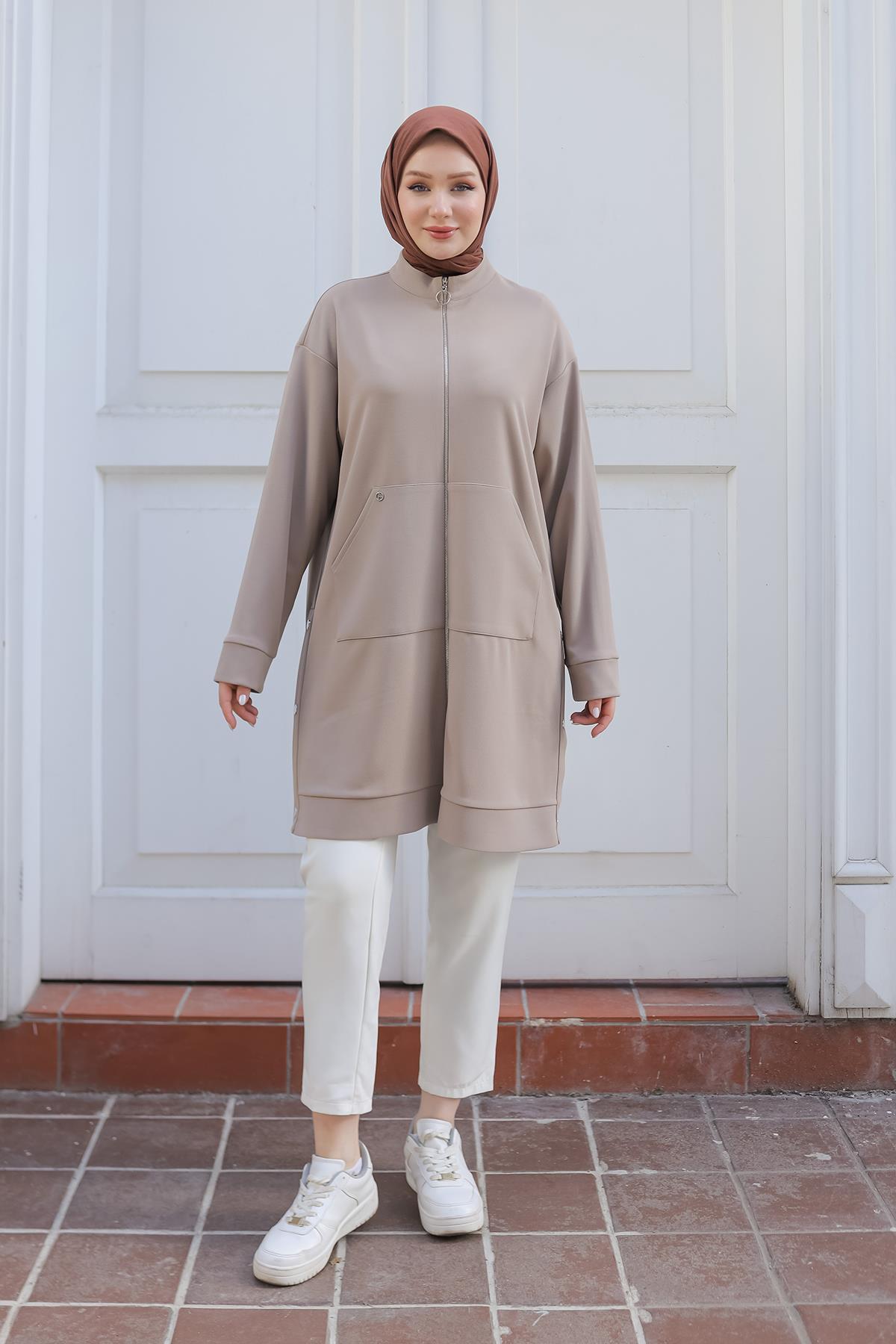 ARMİNE TREND Boydan Fermuarlı Cepli Tunik Vizon 24KT410