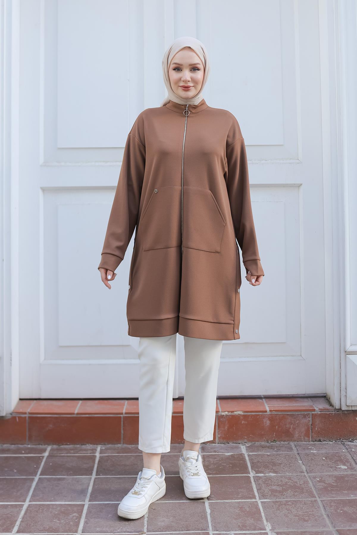ARMİNE TREND Boydan Fermuarlı Cepli Tunik Camel 24KT410