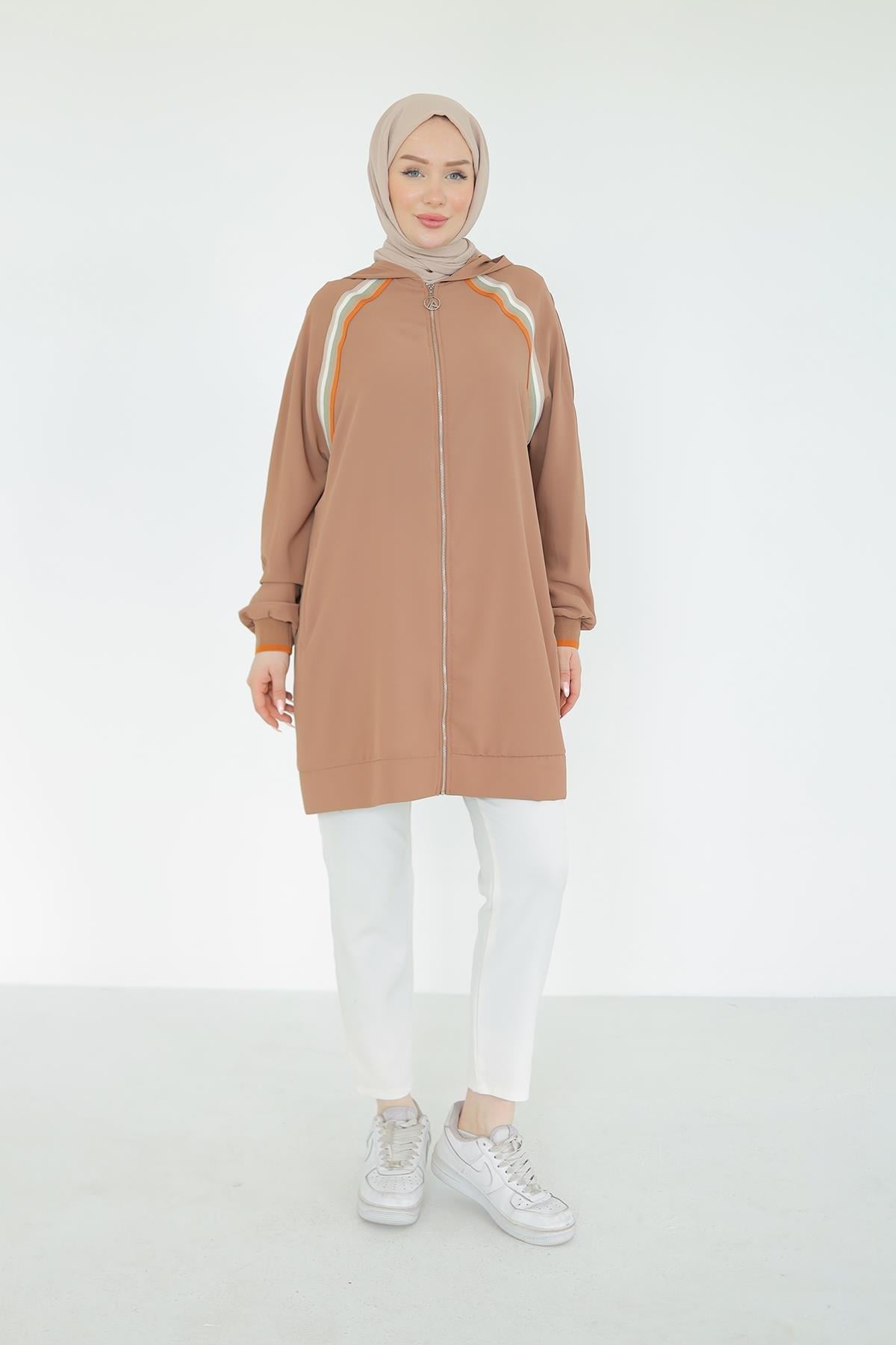 ARMİNE TREND Boydan Fermuarlı Kapüşonlu Tunik-Sütlü Kahve 25YT409