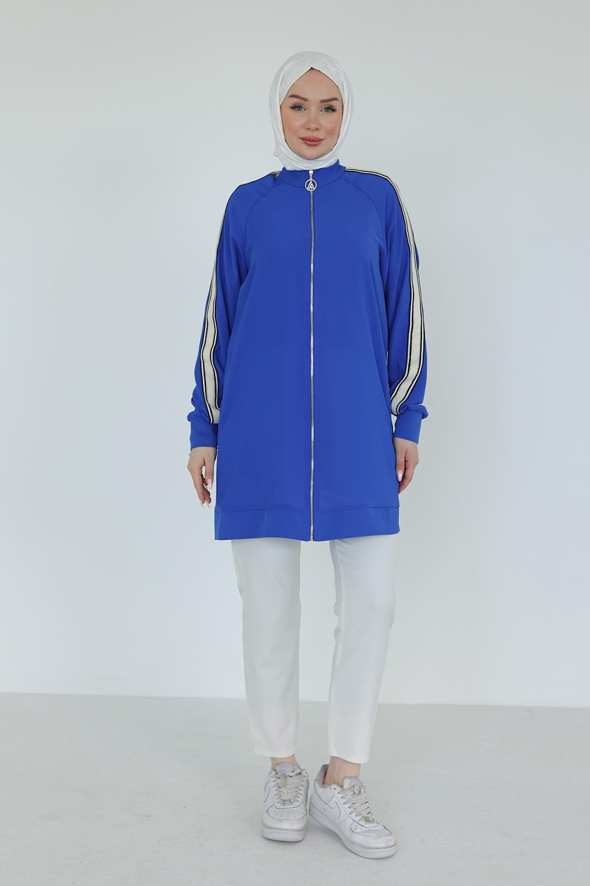 ARMİNE TREND Boydan Fermuarlı Kolları Ribanalı Tunik-Saks 25YT414
