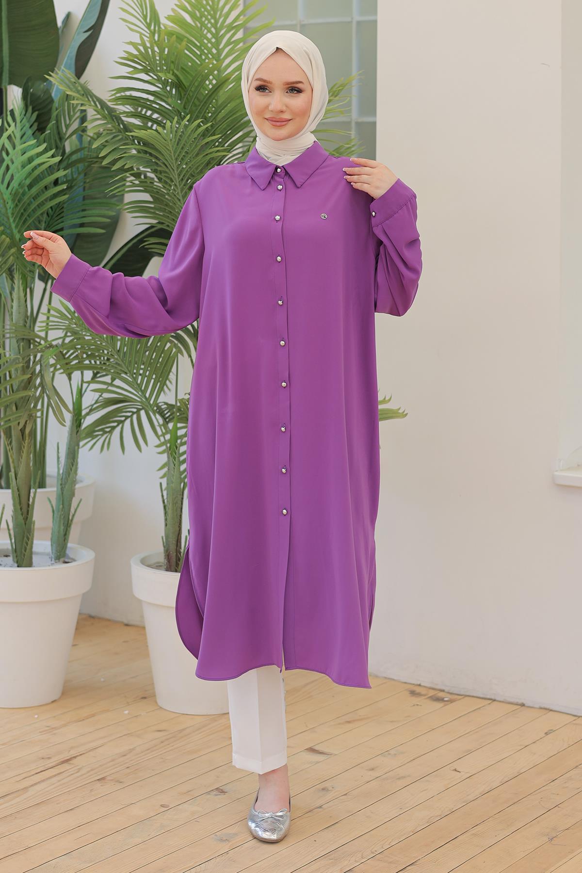 ARMİNE TREND Büyü Beden Gömlek Yakalı Kolu Manşetli Düğmeli Tunik Açık Mor 24YT479