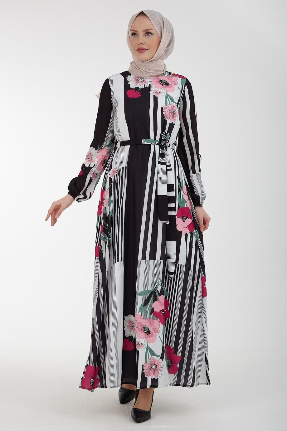 ARMİNE TREND Çiçek Desenli Beli Kemerli Elbise-Pembe 22YT937