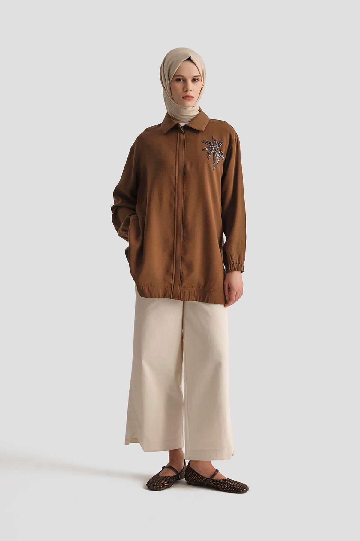 ARMİNE TREND Çiçek Desenli Gizli Fermuarlı Tunik-Kahverengi 25YT466