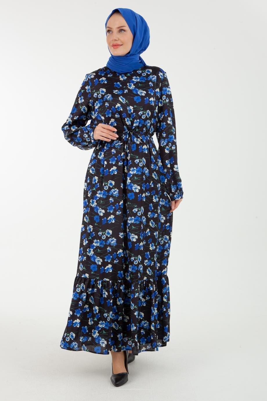 ARMİNE TREND Çiçek Desenli Saten Kolları Lastikli Elbise-Siyah 22KT904