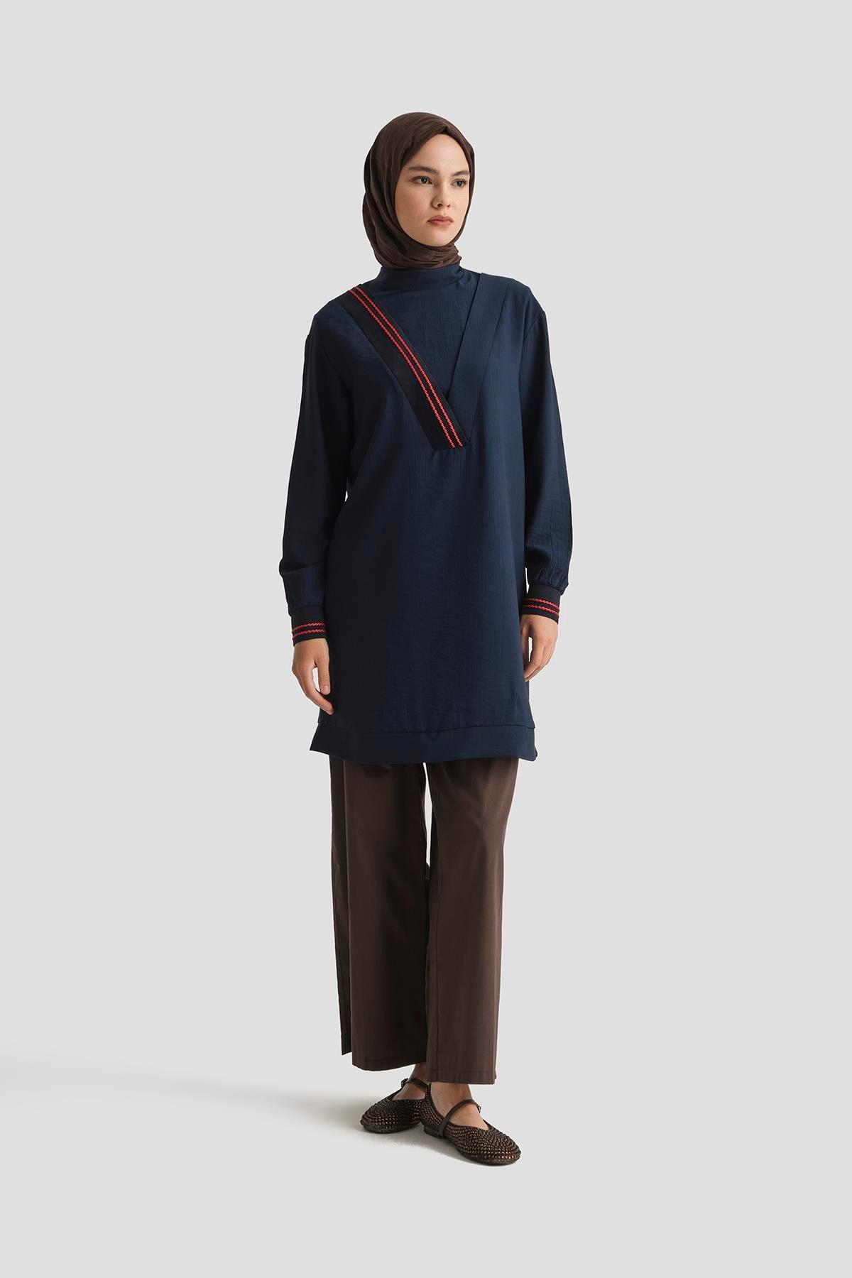 ARMİNE TREND Çilek Kumaş Kolları Ribanalı Tunik-Lacivert 25YT4143