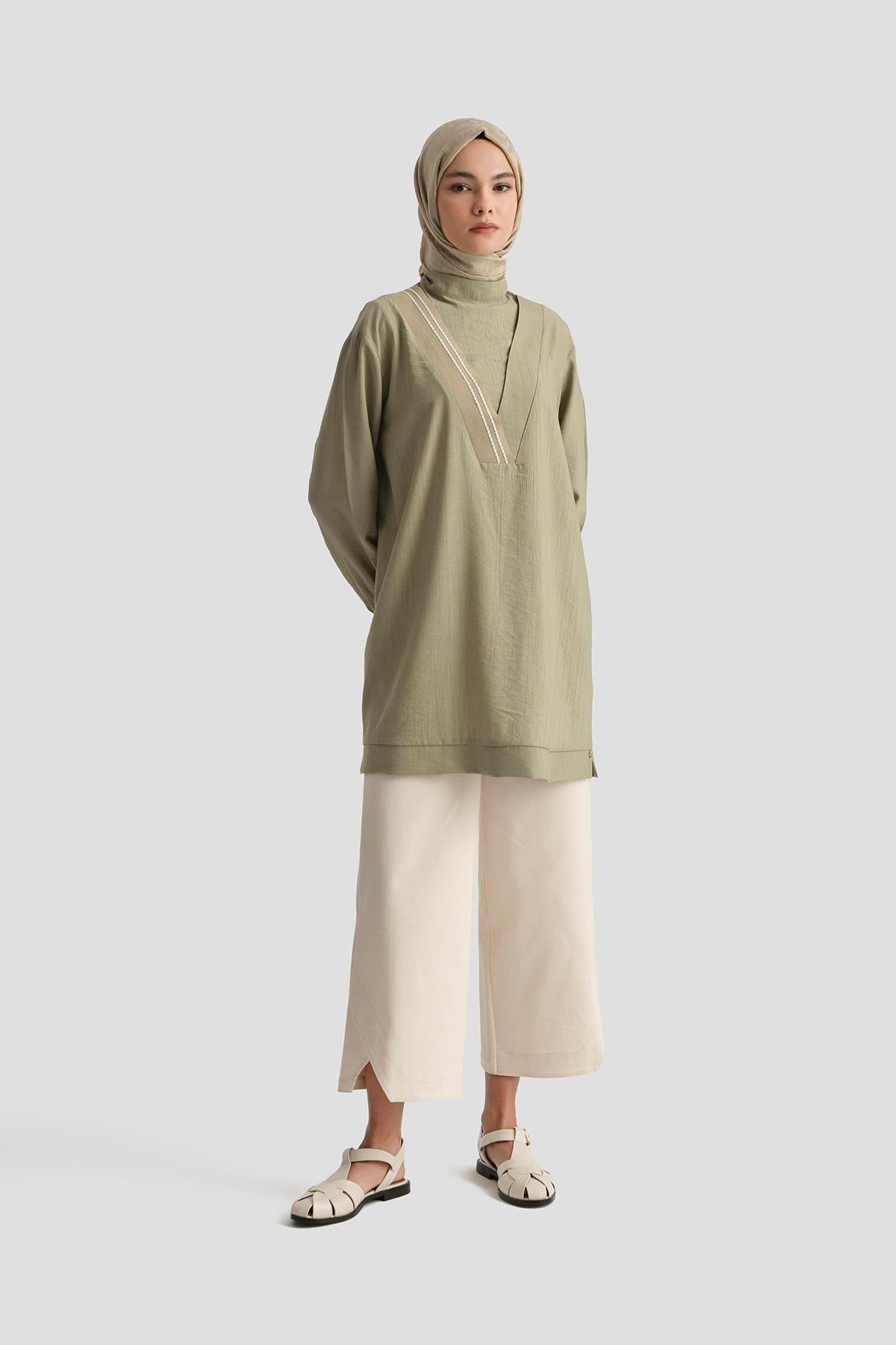 ARMİNE TREND Çilek Kumaş Kolları Ribanalı Tunik-Küf Yeşili 25YT4143
