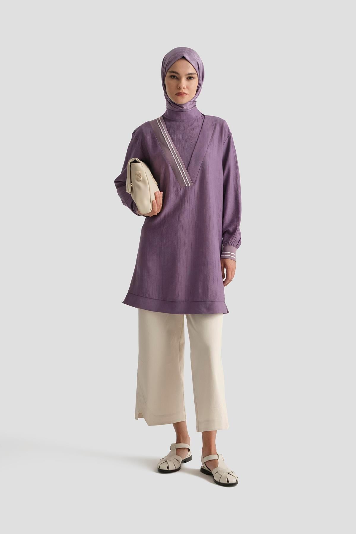 ARMİNE TREND Çilek Kumaş Kolları Ribanalı Tunik-Mor 25YT4143
