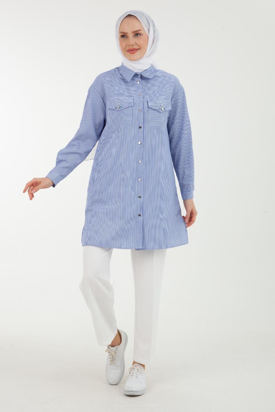 ARMİNE TREND Çizgi Desenli Cepleri Taş Detaylı Tunik-İndigo 23YT437
