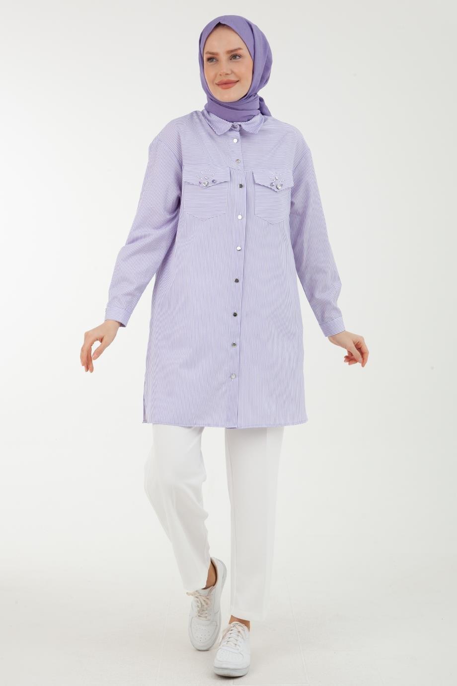 ARMİNE TREND Çizgi Desenli Cepleri Taş Detaylı Tunik-Lila 23YT437