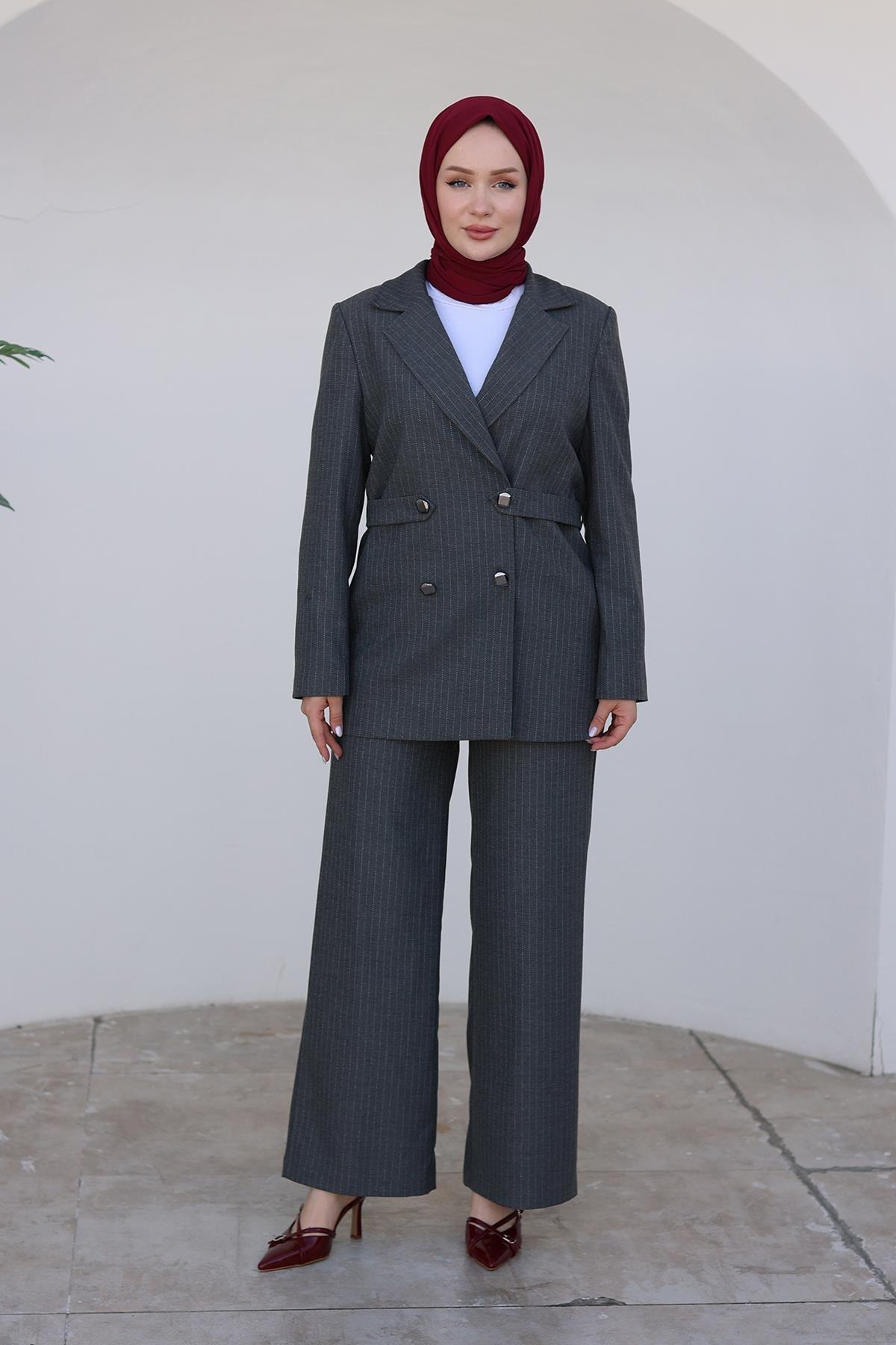 ARMİNE TREND Çizgili Blazer Takım-Gri 24KT659