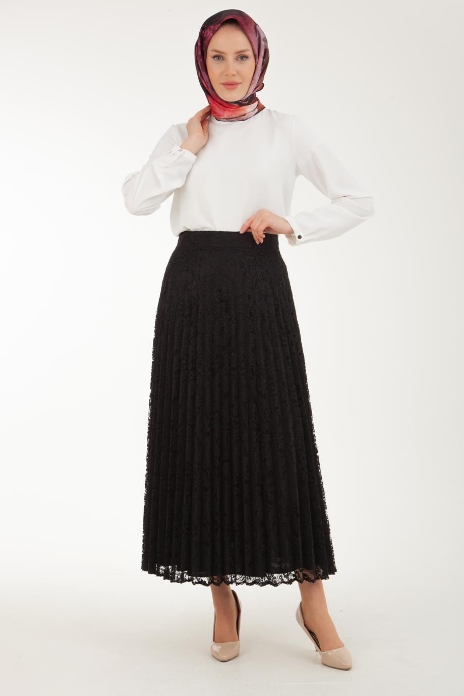 ARMİNE TREND Dantelli Piliseli Etek-Siyah 23YT110