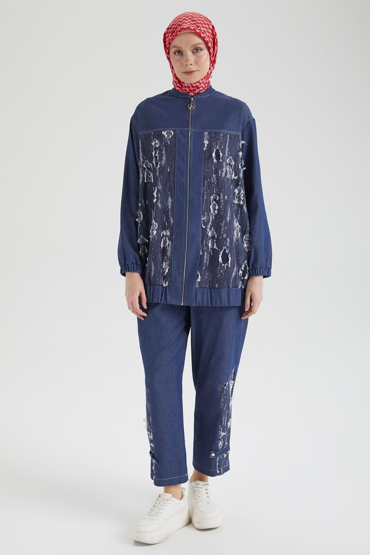 ARMİNE TREND Denim Kumaş Eskitme Detaylı Pantolonlu İkili Takım Lacivert 25YT666