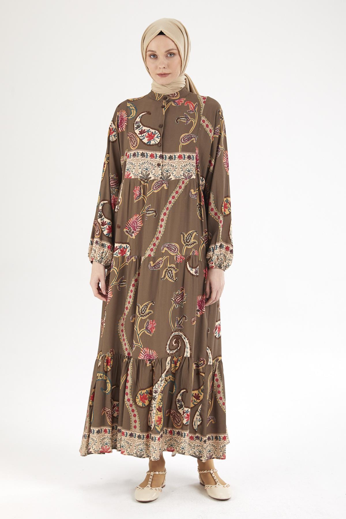ARMİNE TREND Desenli Elbise-Haki 25YT949