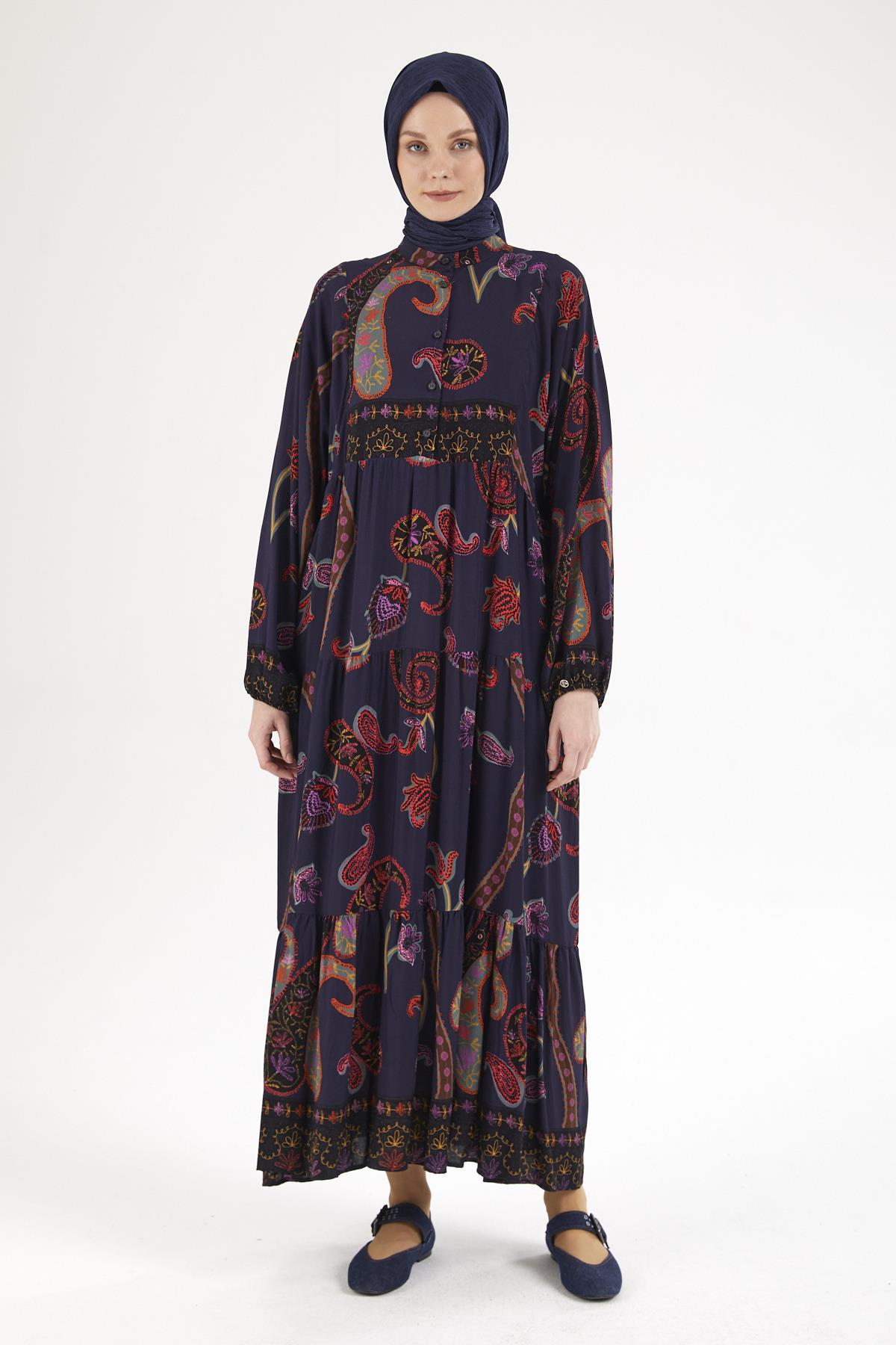 ARMİNE TREND Desenli Elbise-Lacivert 25YT949