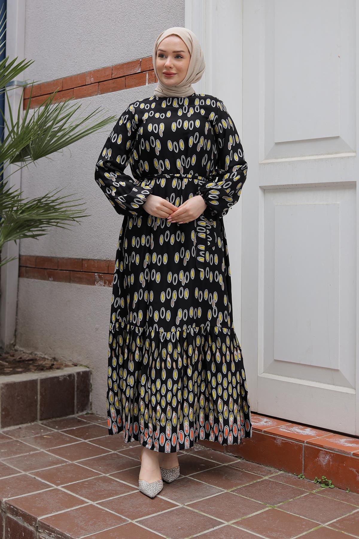 ARMİNE TREND Desenli Elbise-Siyah 25YT928