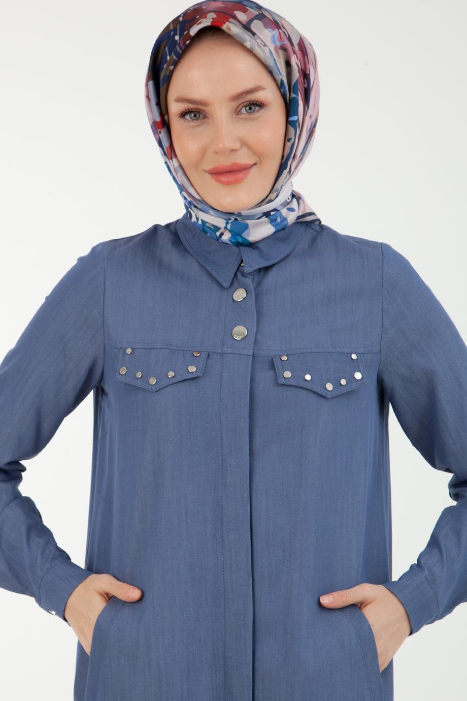 ARMİNE TREND Düğmeli Gömlek Yakalı Elbise Tunik-İndigo 22YT452