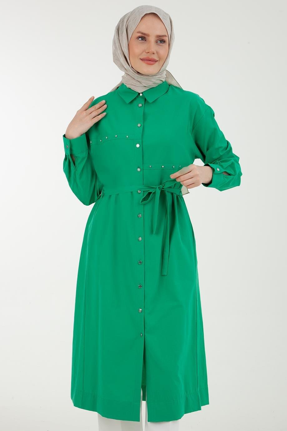 ARMİNE TREND Düğmeli Kolları Manşetli Belden Bağlamalı Tunik-Benetton Yeşili 23YT445