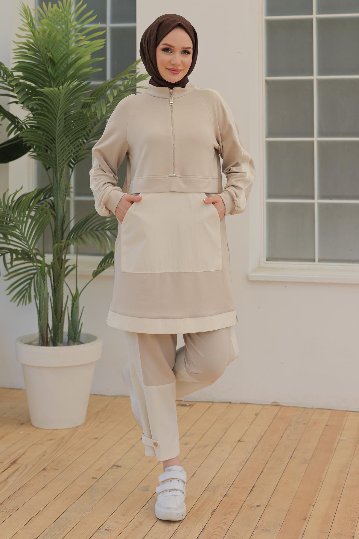 ARMİNE TREND Fermuar Detaylı Pantolonlu İkili Takım Bej 24YT608