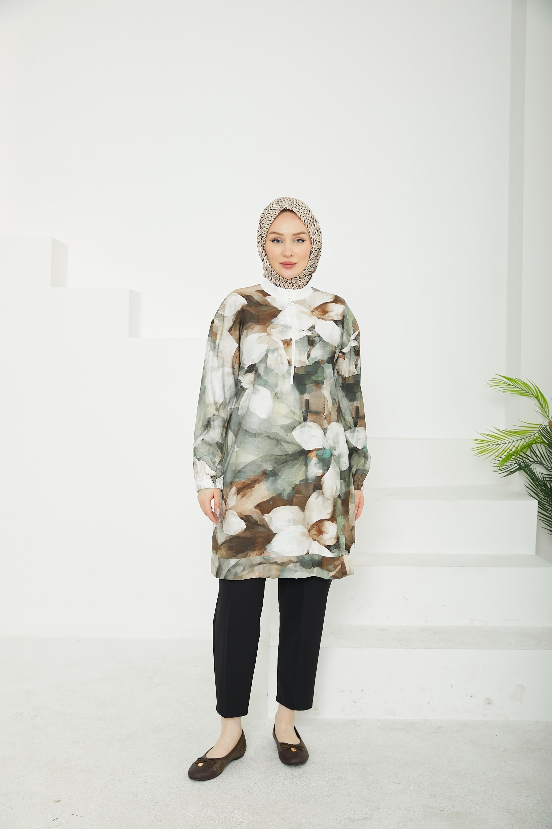 ARMİNE TREND Fermuarlı Kolları Lastikli Desenli Tunik-Bej-25YT438