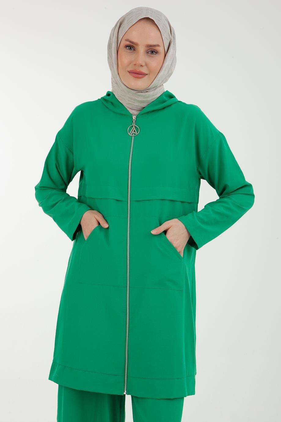 ARMİNE TREND Fermuarlı Önden Cepli Pantolonlu İkili Takım-Benetton Yeşili 23YTD608