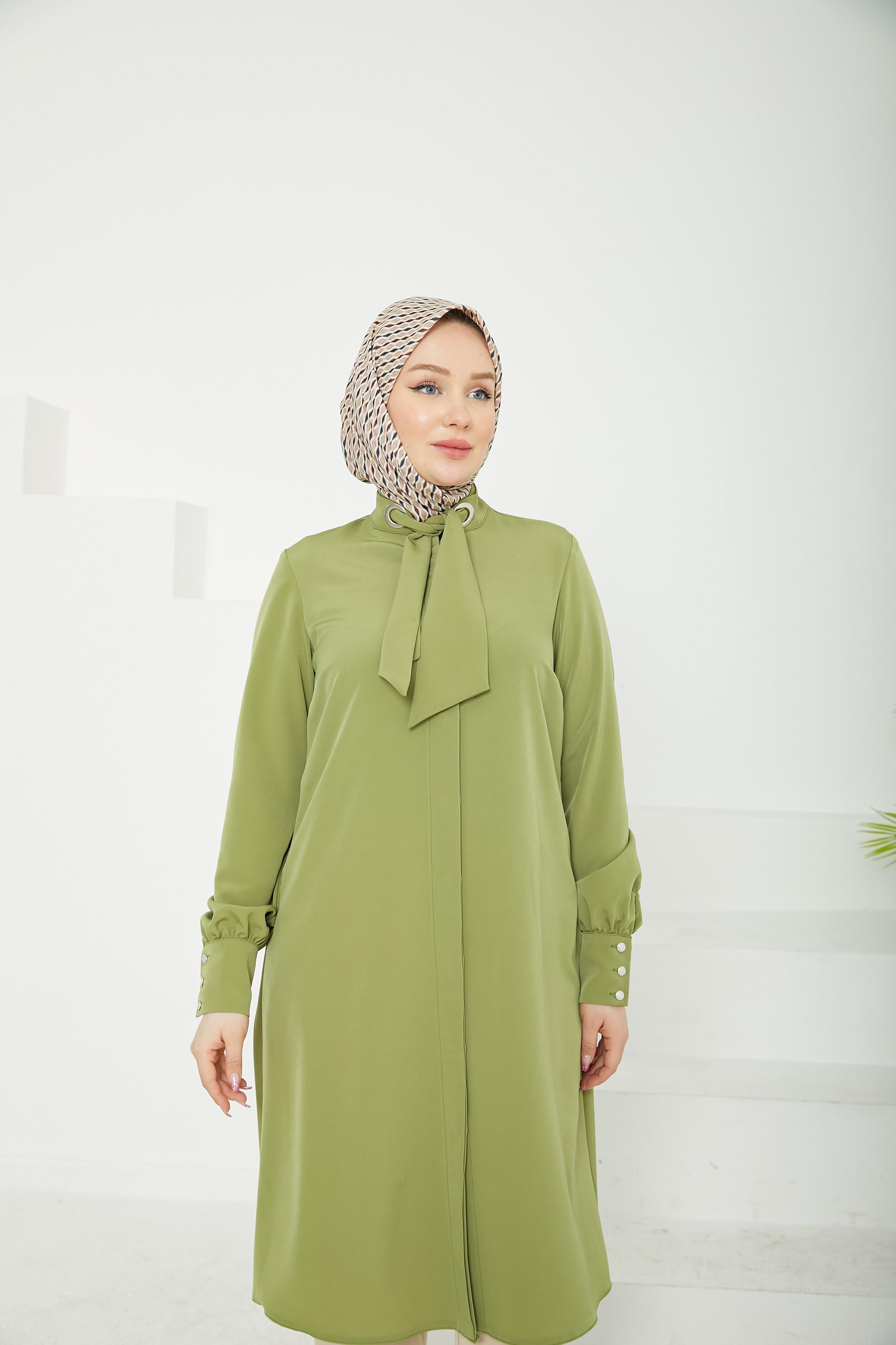 ARMİNE TREND Gizli Düğmeli Yakası Kurdele Detaylı Tunik-Açık Haki-25YT450