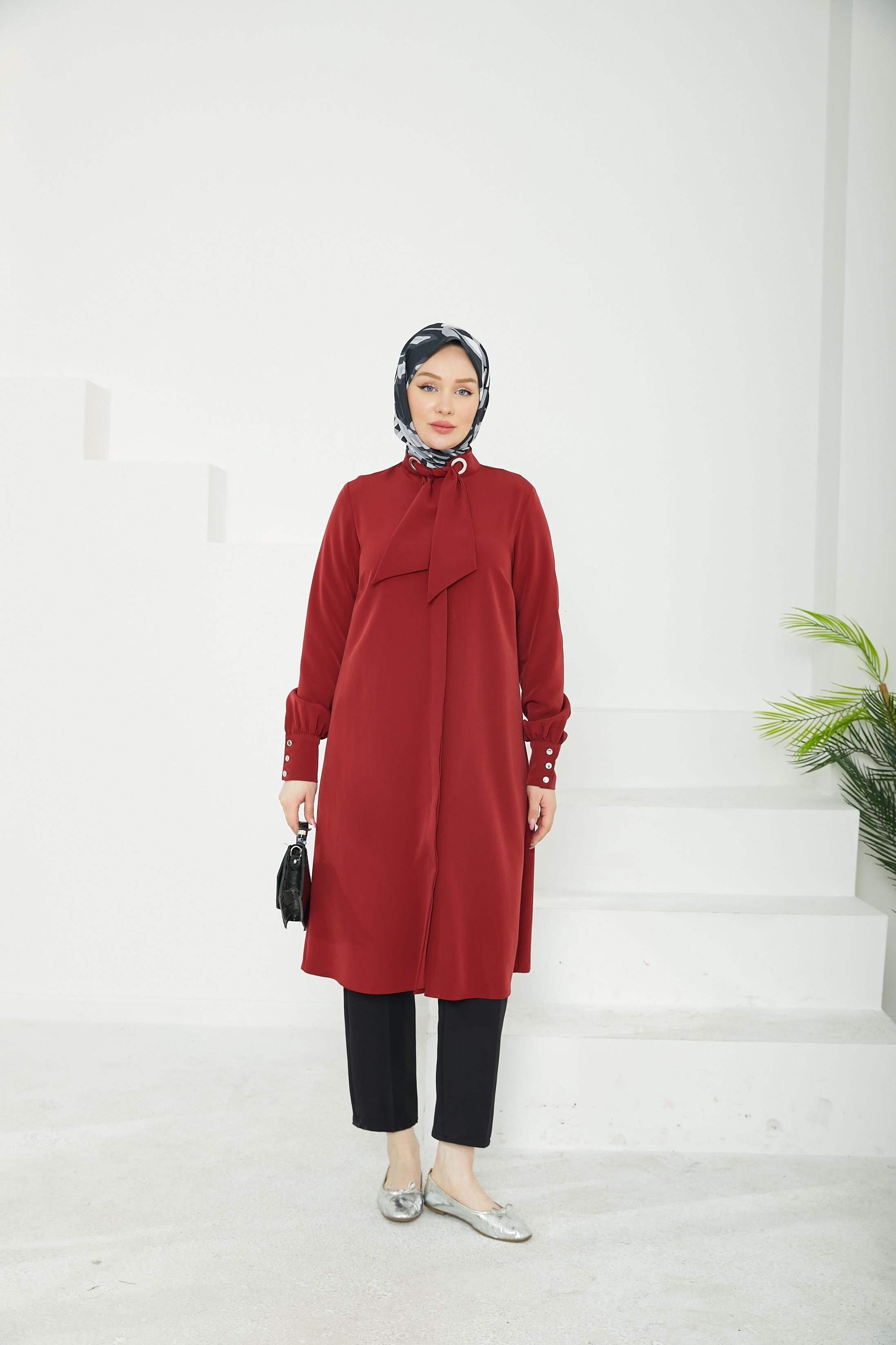 ARMİNE TREND Gizli Düğmeli Yakası Kurdele Detaylı Tunik-Bordo-25YT450