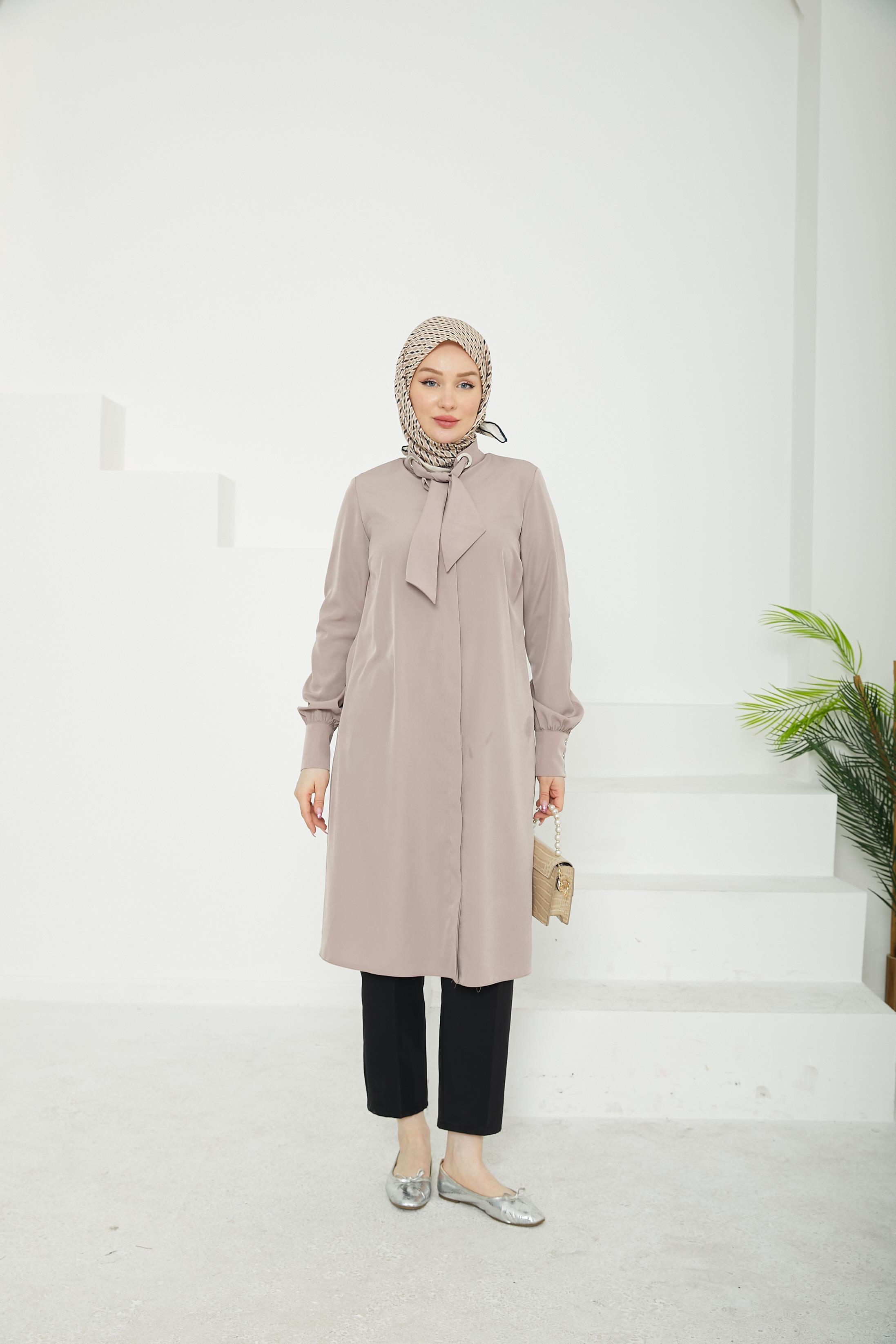 ARMİNE TREND Gizli Düğmeli Yakası Kurdele Detaylı Tunik-Vizon-25YT450