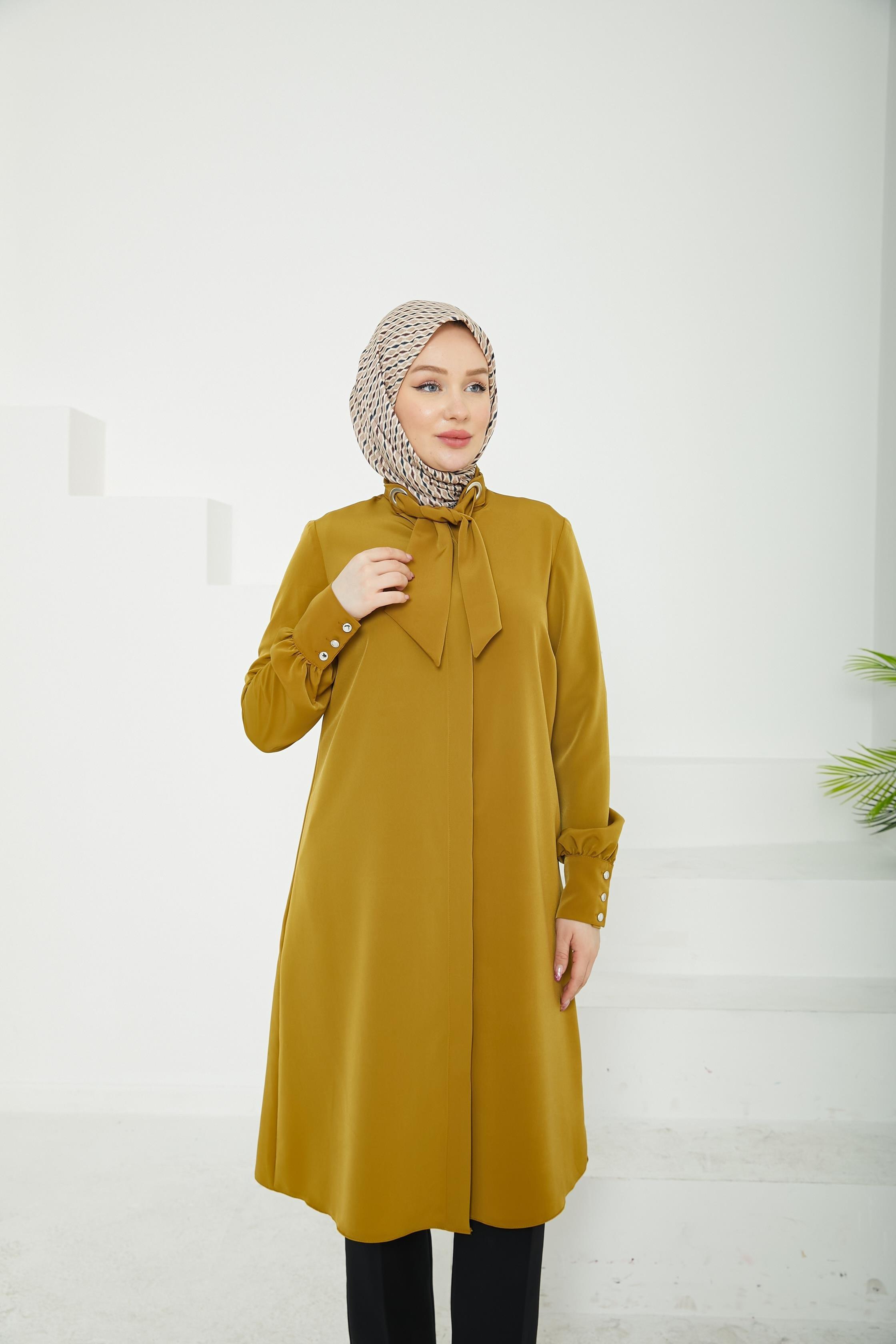 ARMİNE TREND Gizli Düğmeli Yakası Kurdele Detaylı Tunik-Hardal-25YT450