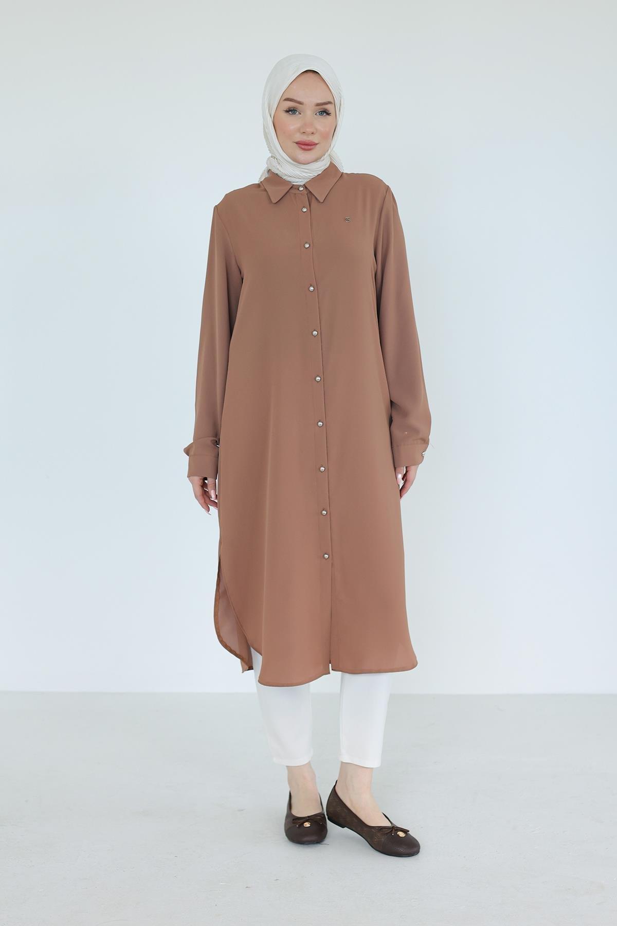 ARMİNE TREND Gömlek Yaka Boydan Düğmeli Tunik-Camel 25YT448