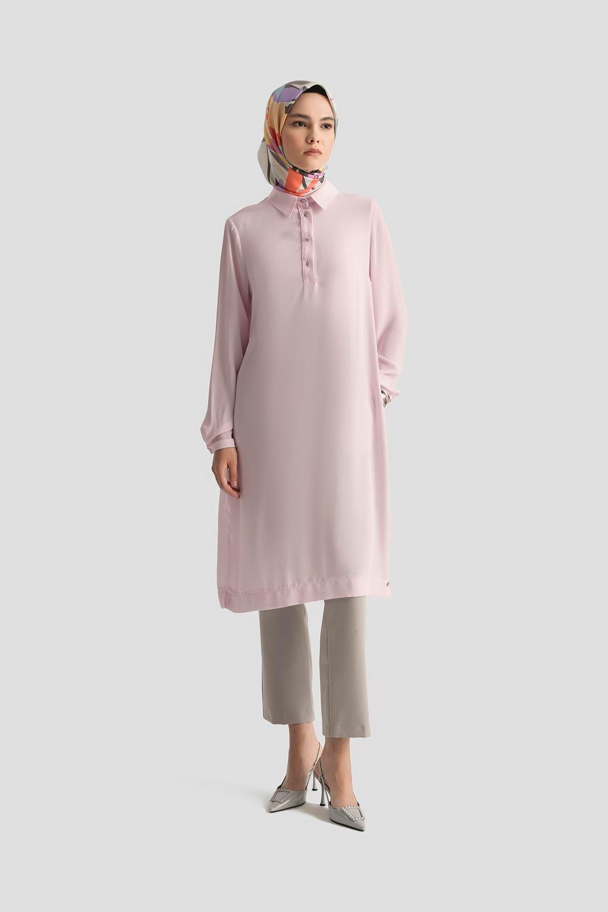 ARMİNE TREND Gömlek Yaka Yakası Düğmeli Tunik-Pembe 25YT4149