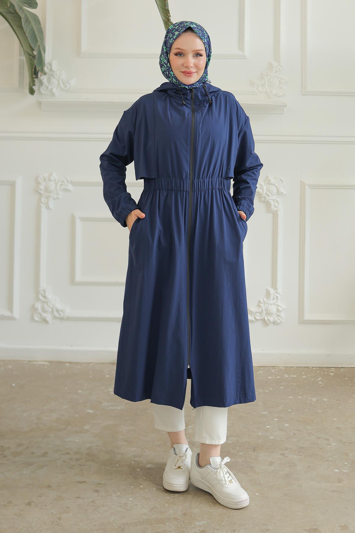 ARMİNE TREND Kapüşonlu Belden Lastikli Fermuarlı Kap Lacivert 24KT701