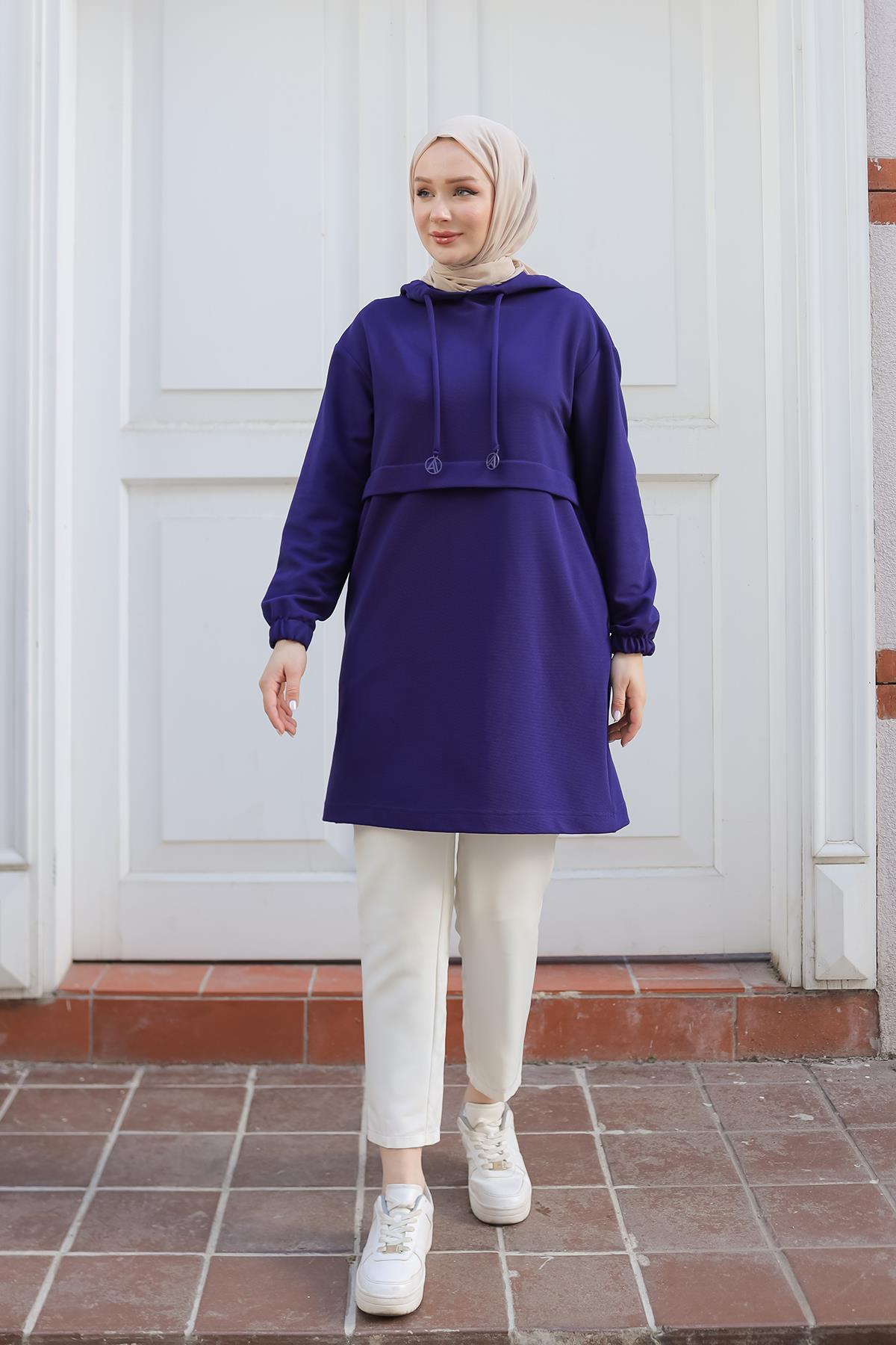 ARMİNE TREND Kapüşonlu Kolları Lastikli Tunik-Morcivert 24KT454