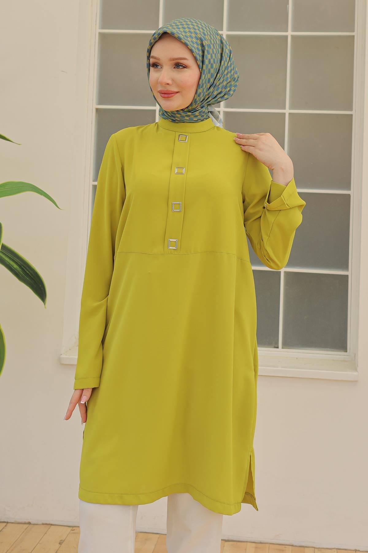 ARMİNE TREND Kare Çıtçıtlı Tunik Fıstık Yeşili 24YT451