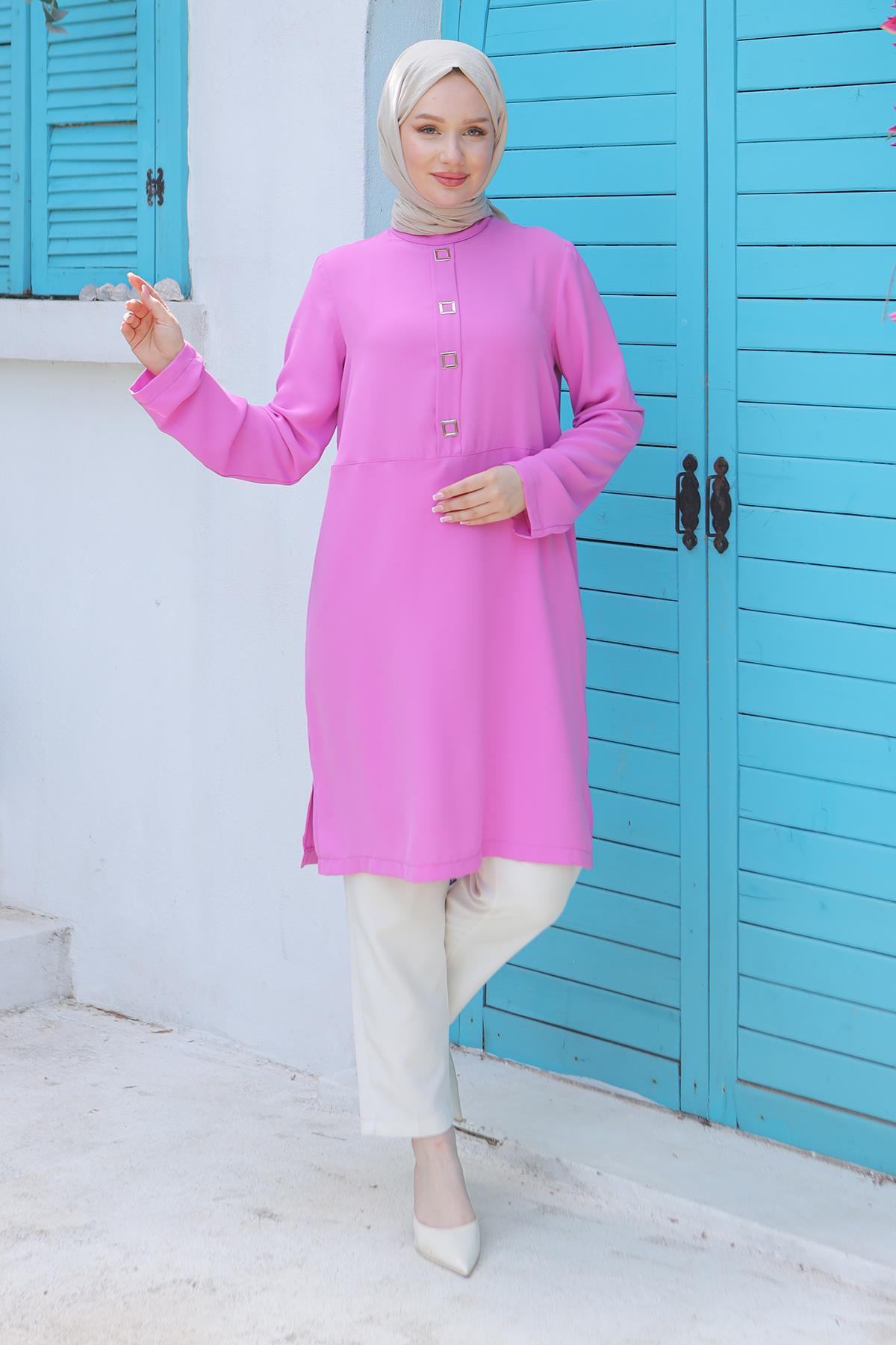 ARMİNE TREND Kare Çıtçıtlı Tunik Pembe 24YT451