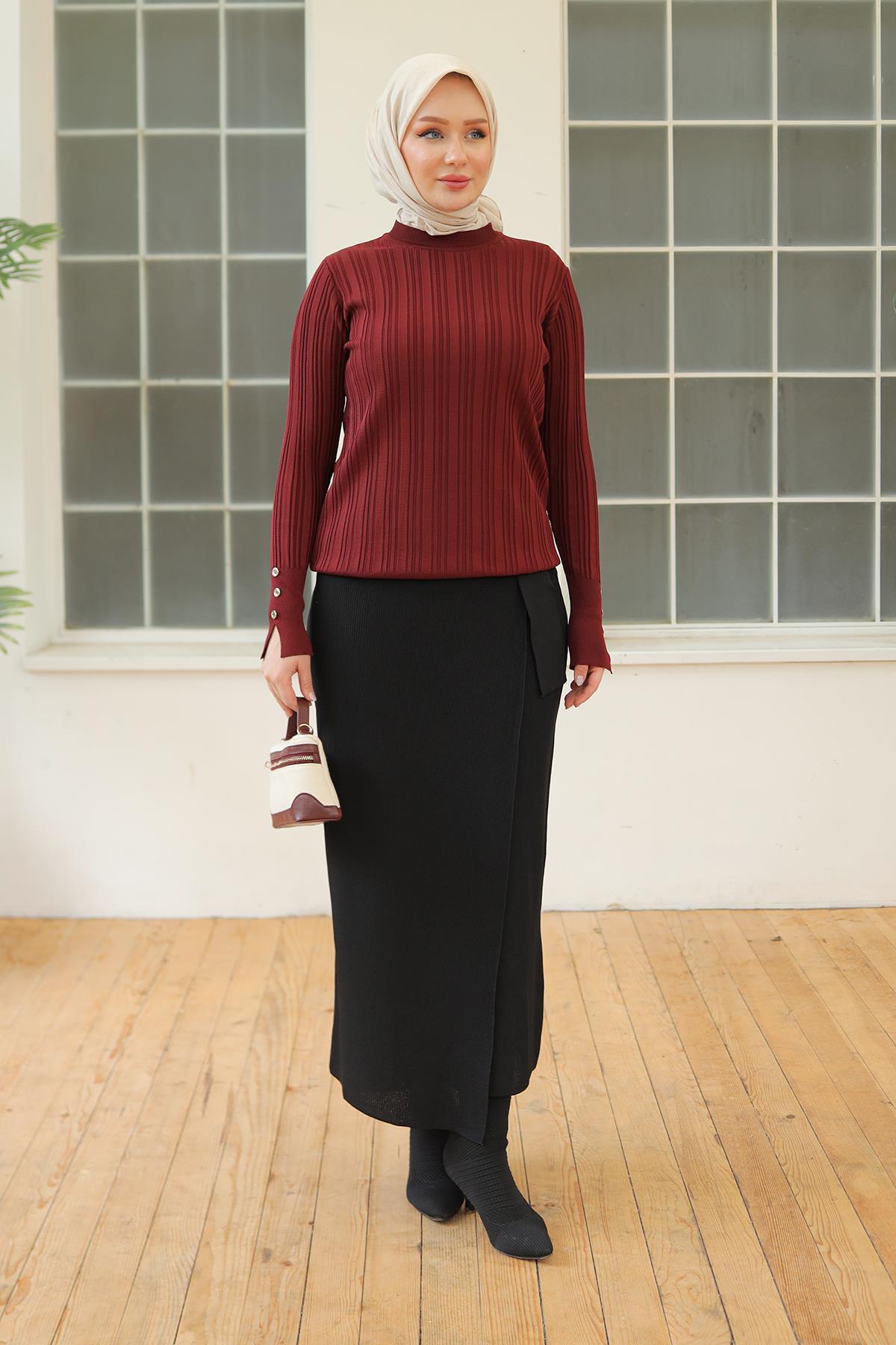 ARMİNE TREND Kolları Düğme Detaylı Triko Tunik-Bordo 24KTD301