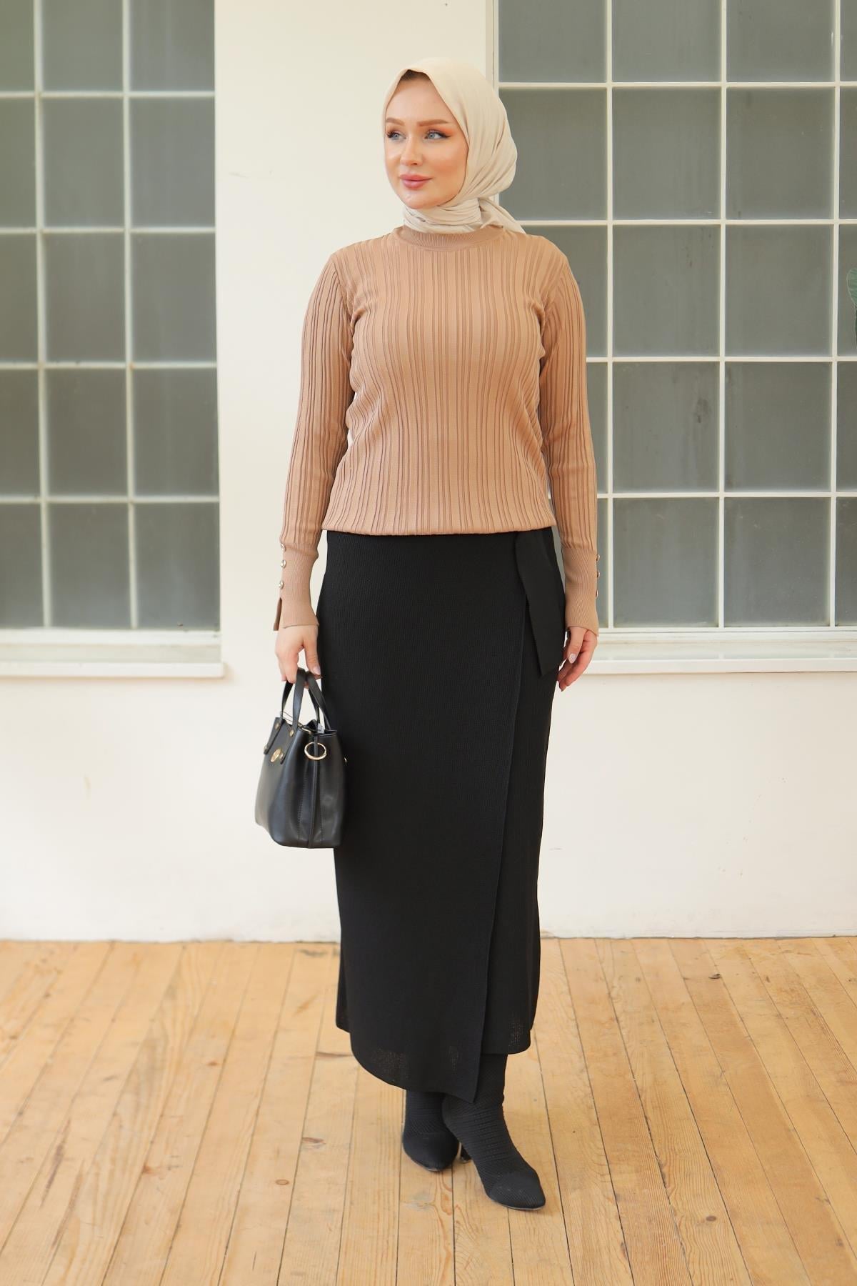 ARMİNE TREND Kolları Düğme Detaylı Triko Tunik-Latte 24KTD301