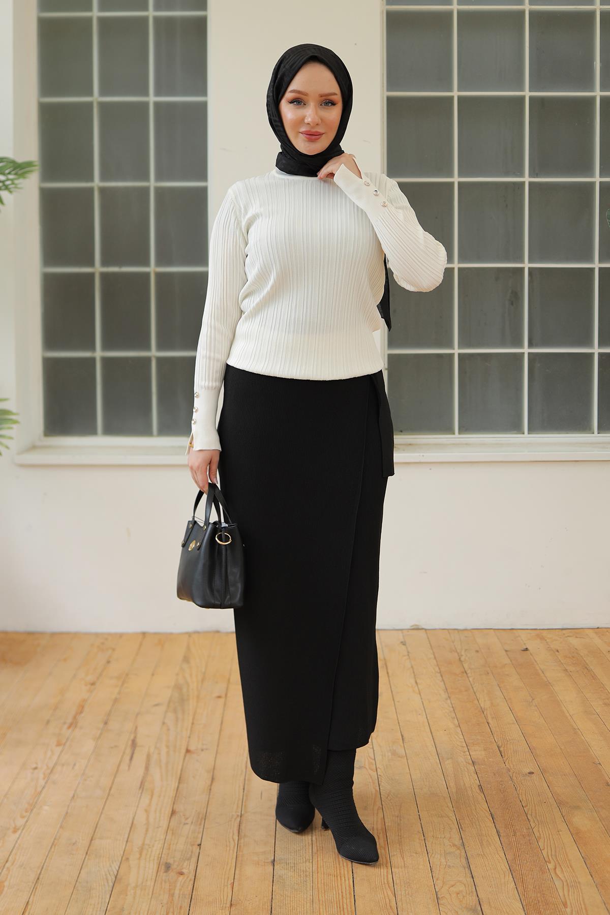 ARMİNE TREND Kolları Düğme Detaylı Triko Tunik-Kemik 24KTD301