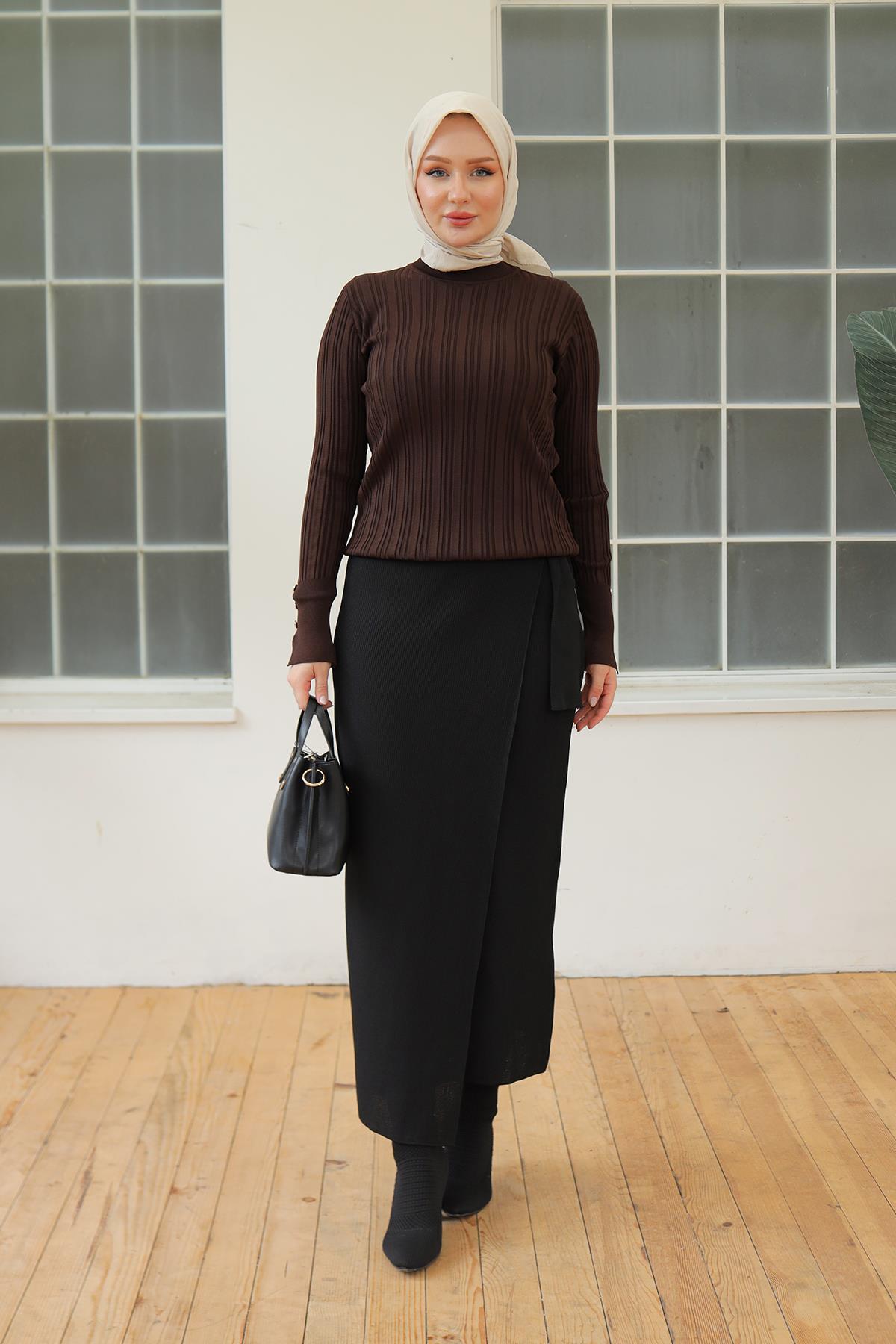 ARMİNE TREND Kolları Düğme Detaylı Triko Tunik-Brown 24KTD301