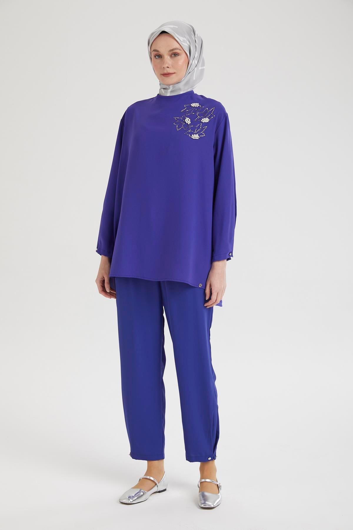 ARMİNE TREND Kolları Düğmeli Taş Desenli Tunik-Morcivert 25YT443