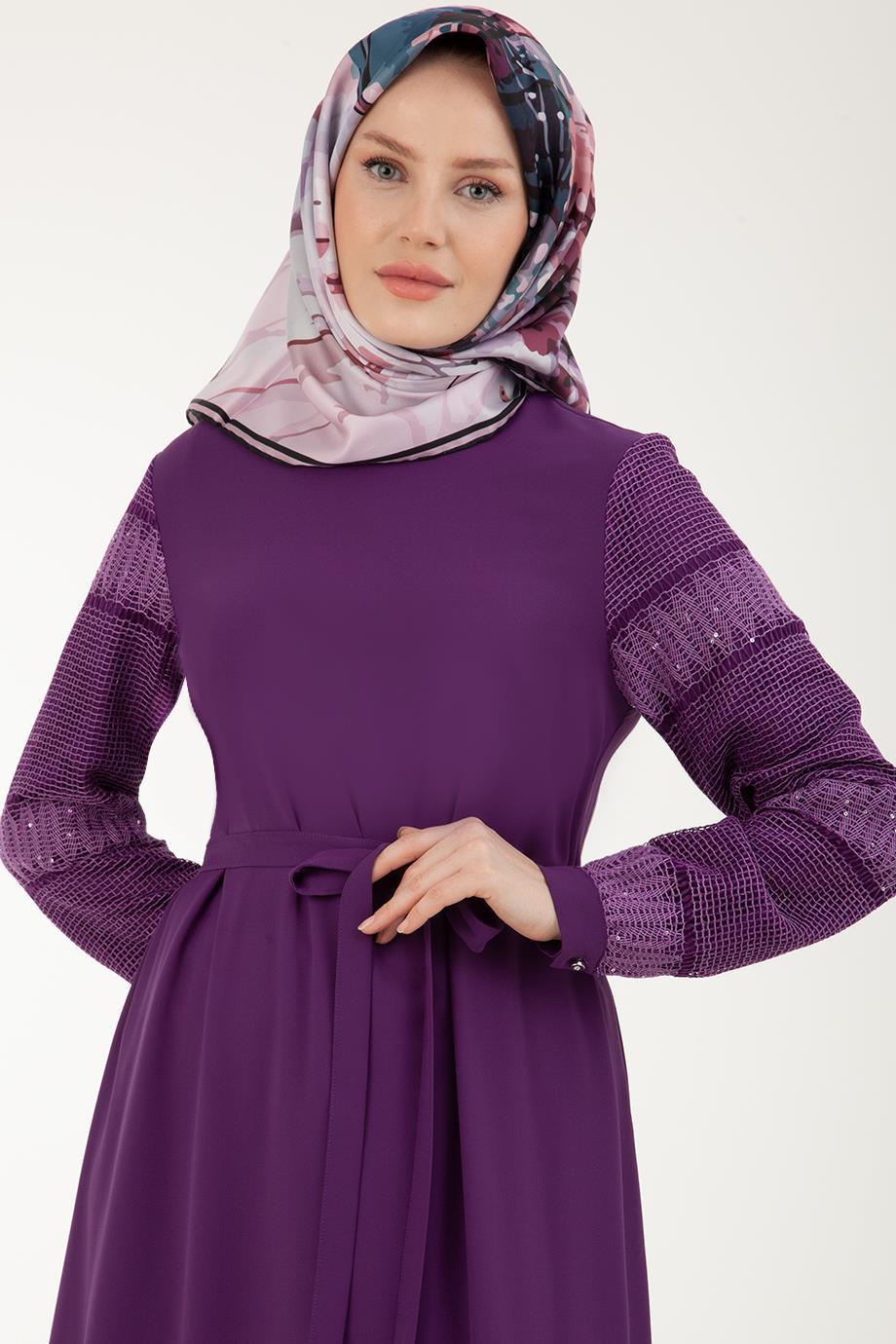ARMİNE TREND Kolları File Detaylı Tam Astarlı Beli Kuşak Kemerli Elbise-Mürdüm 22KT905