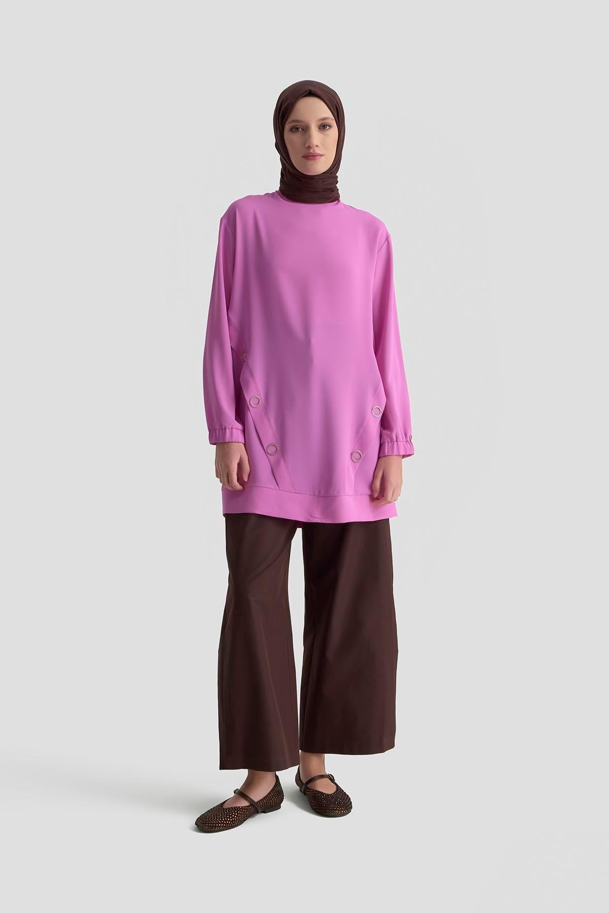 ARMİNE TREND Kolları Lastikli Aksesuar Detaylı Bisiklet Yaka Tunik 25YT415 Pembe