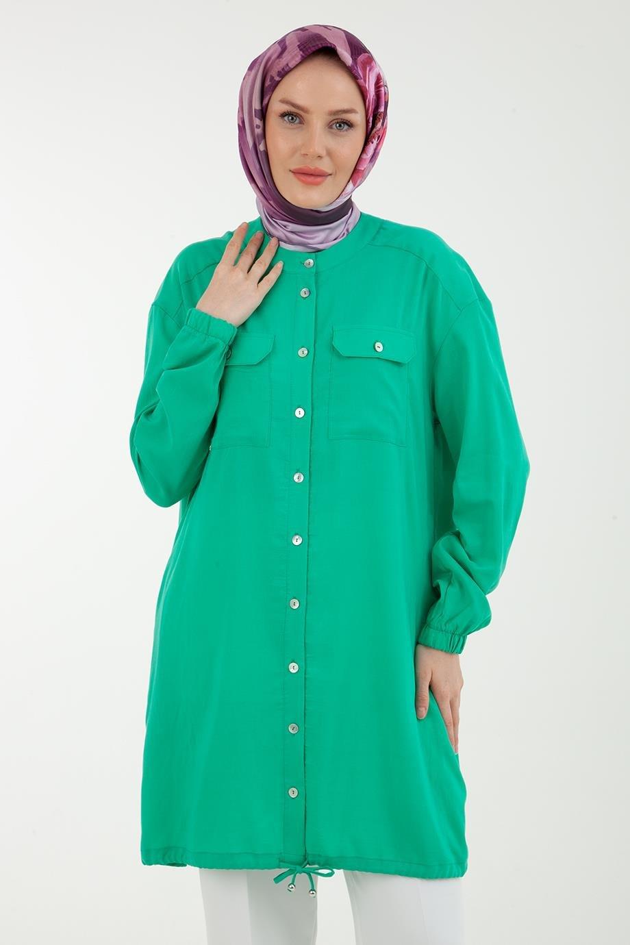 ARMİNE TREND Kolları Lastikli Düğmeli Tunik-Yeşil 23YT436