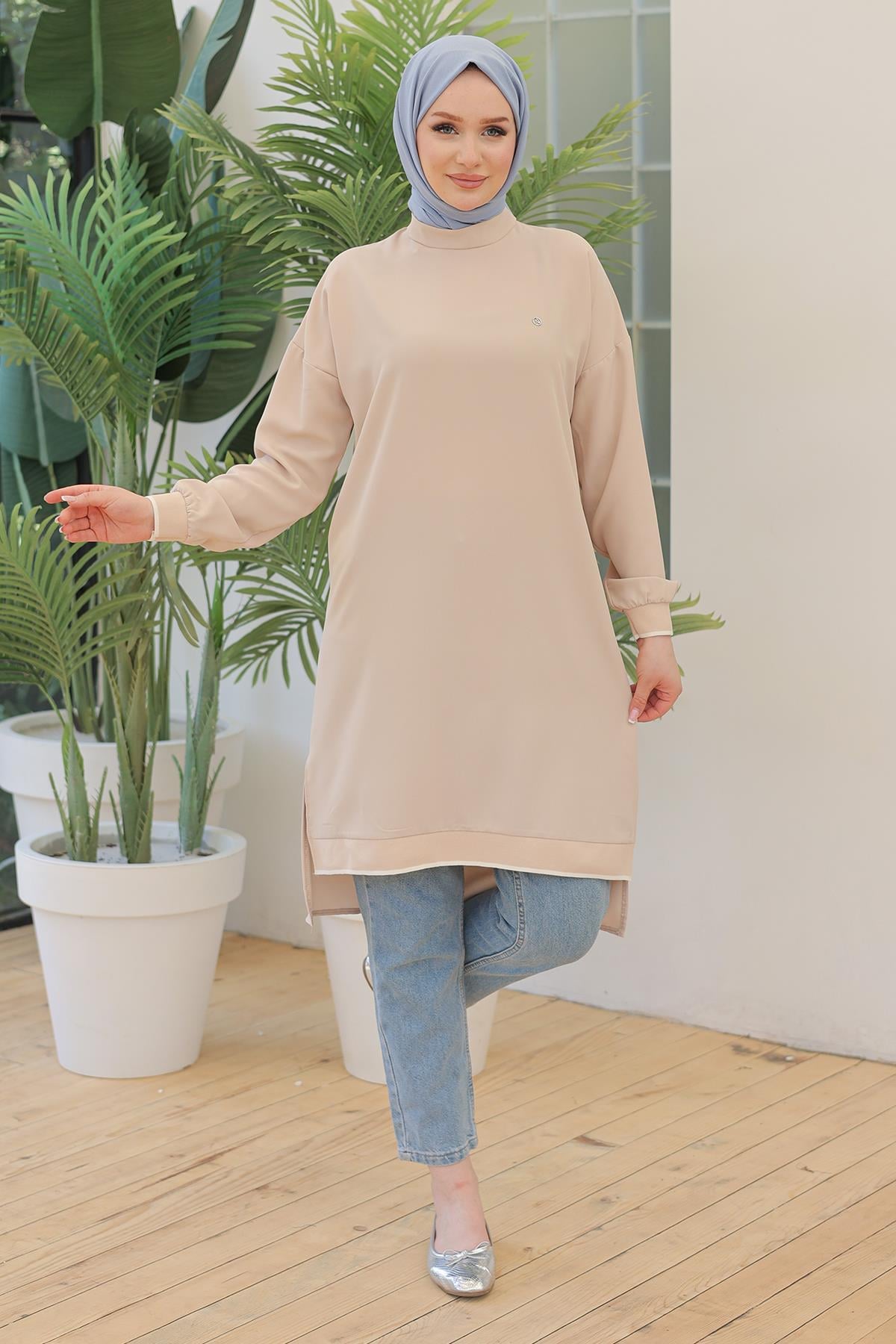 ARMİNE TREND Kolları Ribanalı Arkadan Uzatmalı Basic Tunik Bej 24YT480