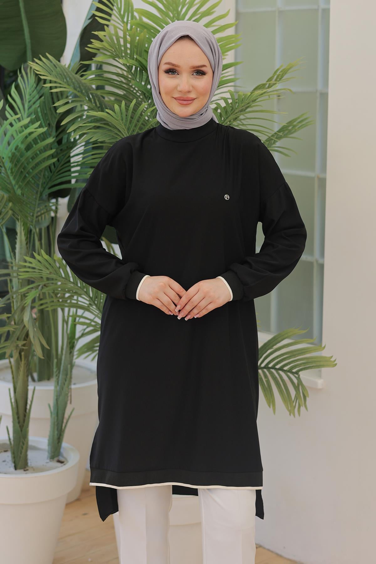 ARMİNE TREND Kolları Ribanalı Arkadan Uzatmalı Basic Tunik Siyah 24YT480